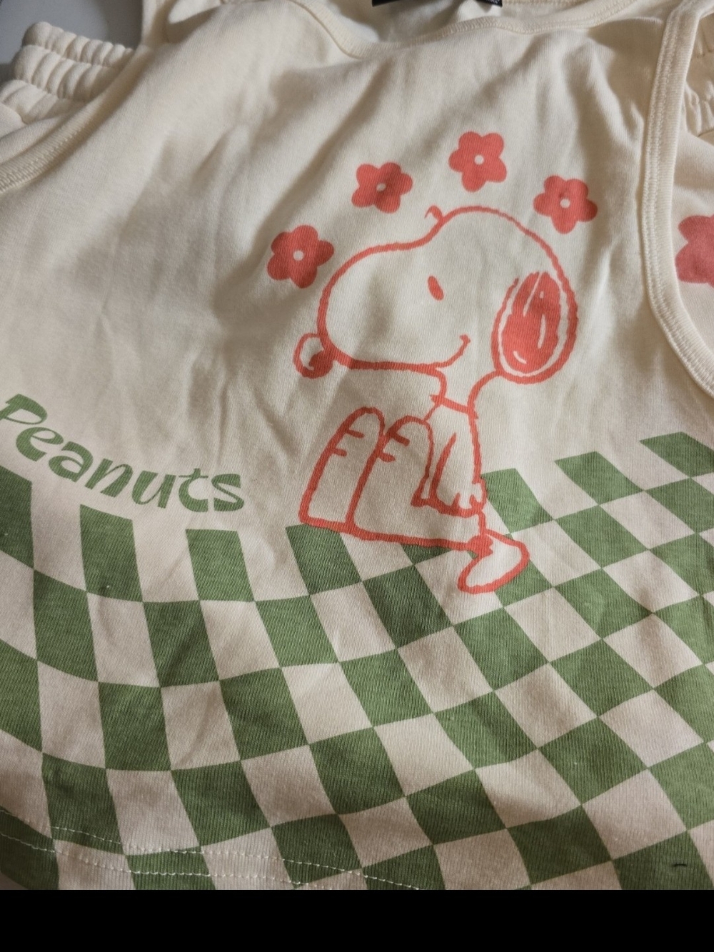 Peanuts Cream Tank with Coral Snoopy & Green Checkered Print